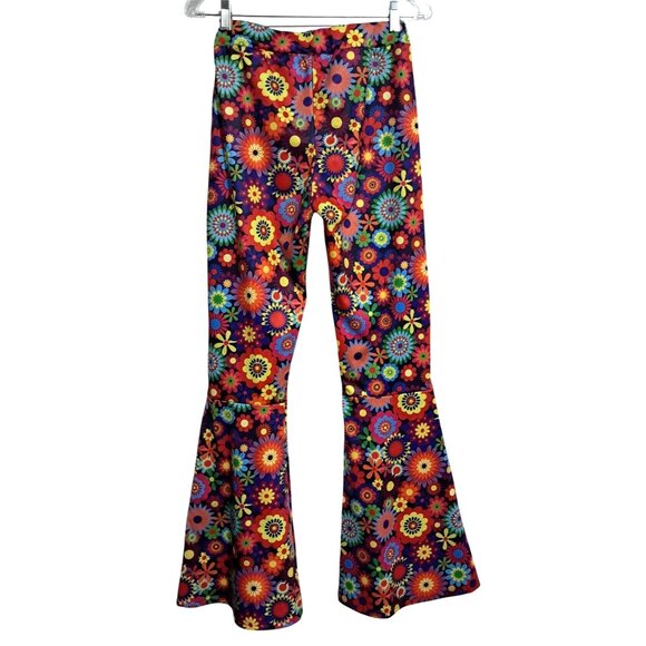 Vintage-Inspired Disco Flared Pants With Multicolor Floral Print Size S Boho Hip - Picture 7 of 11